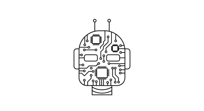 Minimalist digital robot head illustration with circuit board patterns and antennas
