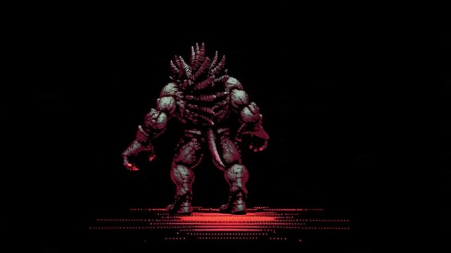 Menacing pixel art video game element depicting a formidable fantasy creature or alien boss, rendered with dark, intricate details and a sinister red glow, ideal for retro projects