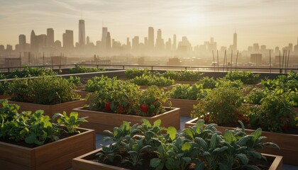 Fototapeta premium Urban rooftop garden growing vegetables in city skyline sunset