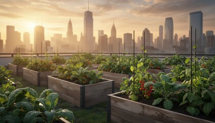 Fototapeta premium Urban rooftop garden growing vegetables in city skyline sunset