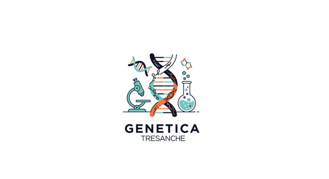 A schematic representation of genetic science with lab equipment and dna structure logo design