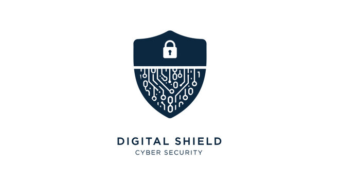 Digital security emblem with shield and padlock for cyber security and internet protection
