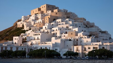 Naklejka premium Sketches show a white town on a hill with many buildings, set against a blue sky during the time of warm evening light