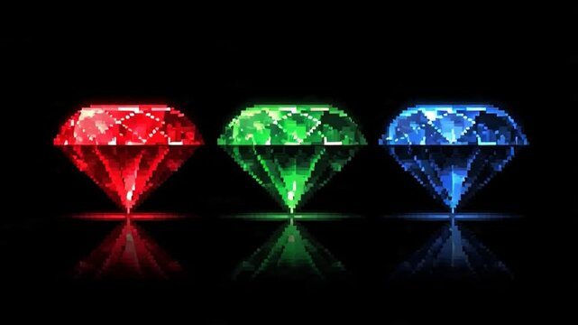 Three glowing precious stone elements, vibrant and dynamic, a key visual component for an engaging video game, digitally crafted with a unique pixel art style