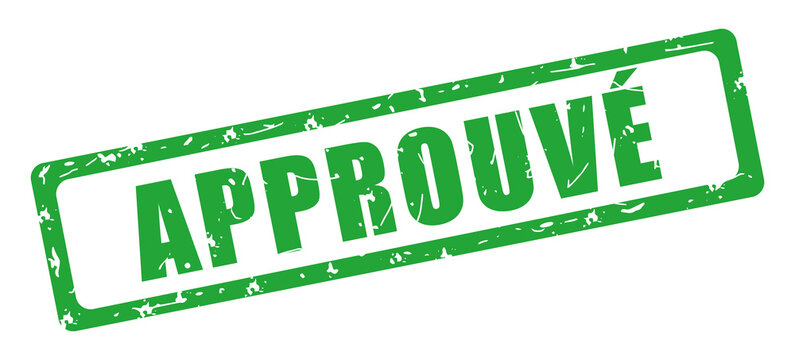 Approuv&eacute;. Tampon vert rectangulaire grunge. Illustration dessin&eacute;e &agrave; la main. Fran&ccedil;ais.
