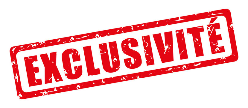 Exclusivit&eacute;. Tampon rouge grunge rectangulaire. Illustration dessin&eacute;e &agrave; la main. Fran&ccedil;ais.