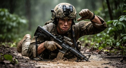 Fototapeta premium Soldier crawling through mud during rain in forest. Military man with rifle giving hand signal for stop. Intense combat training in nature. Tactical operation and warfare concept.