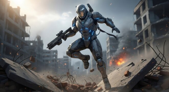 Sci-fi soldier running through war zone with rifle. Future trooper in mechanical combat armor navigating ruined city. Concept of modern military engagement and advanced planetary defense.