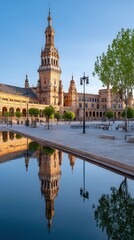 Naklejka premium View includes main building and canals with clear sky during sunset. Warm colors reflect on water and surround trees