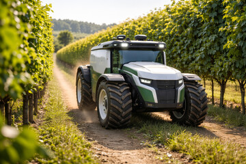 Naklejka premium Autonomous tractor navigating through vineyard fields on sunny d