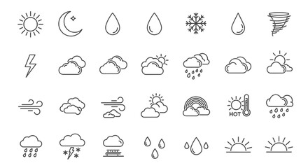 Obraz premium diverse collection of weather icons illustrating meteorological conditions and forecast symbols for app and website design.