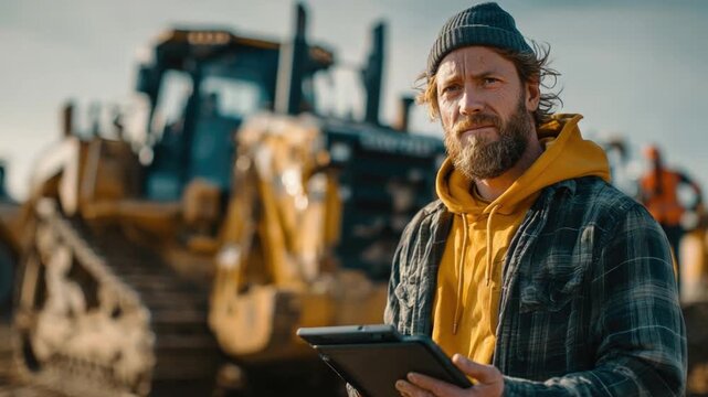 Construction Foreman: A focused foreman, equipped with a tablet, oversees a construction site, highlighting his role in managing the operation and ensuring its progress.