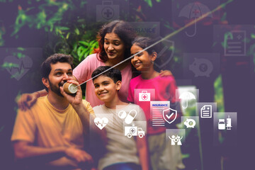 Naklejka na ściany i meble Indian couple and kids playing in the park with sports icons. Visualizing total family protection, accident cover, and life insurance benefits.