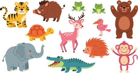 Set of cute cartoon wild animals including tiger elephant bear crocodile monkey deer and more characters for children education isolated on white © MdAjibar