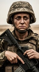 Naklejka premium Portrait of serious woman soldier in camouflage uniform holding military rifle. Tired female fighter with dirty face in battlefield. Concept of bravery and defense during modern conflict.