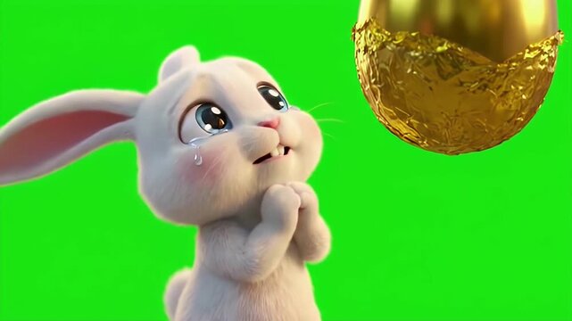Heartbroken 3D White Bunny Rabbit Crying and Pleading While Looking at a Golden Foil Easter Egg on Green Screen 4K Seamless Loop