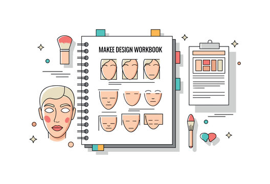 Makeup design workbook spiral bound practice book with blank face charts and subtle color swatch accents, expressing experimentation and student creativity.
