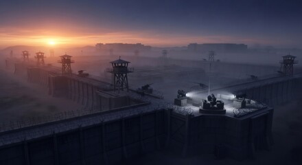 Naklejka premium Military base with defensive wall and concrete watchtower at sunrise. Armed fortification with spotlight and barbed wire fence. Strategic border security in foggy environment concept.