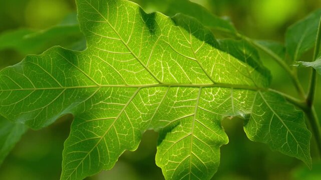 Close up of vibrant green leaf showing texture and veins in natural light