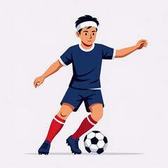 Obraz premium A young boy in a blue uniform dribbling a soccer ball on a white background, depicted in a cartoon illustration style.