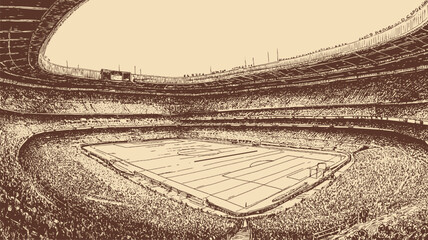 Fototapeta premium A large soccer stadium packed with spectators, wide-angle, minimalist line vector illustration.