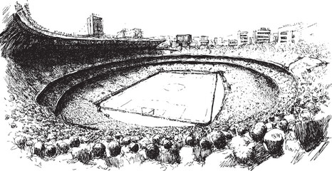 A large soccer stadium packed with spectators, wide-angle, minimalist line vector illustration. © PanzaDesign