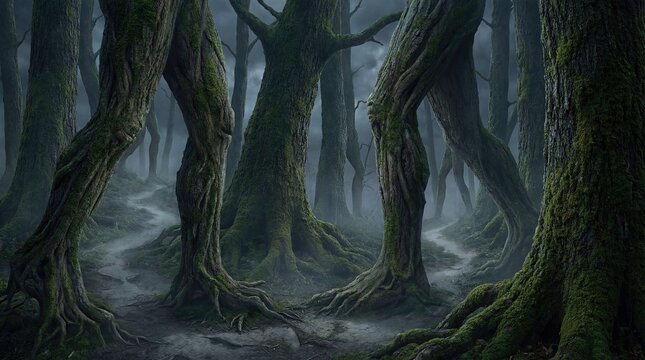 Surreal Forest Landscape with Twisted Trees Resembling Legs in Dark Mist