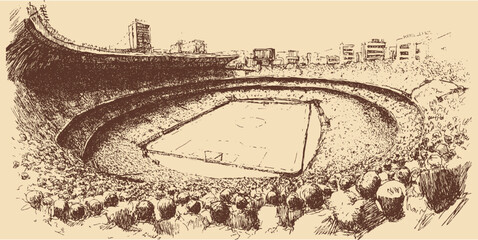 A large soccer stadium packed with spectators, wide-angle, minimalist line vector illustration. © PanzaDesign