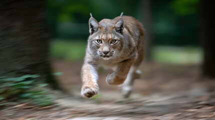 Obraz premium A young iberian lynx runs after a rabbit in a field. The scene shows motion with natural light and blurred background details