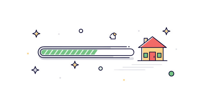 Savings goal tracking mobile app interface showing a progress bar filling toward a small house icon, expressing financial planning and future