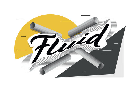 monochrome handwritten script word stretched dynamically across composition, framed by large mustard yellow semicircle and charcoal angular fragments, flat