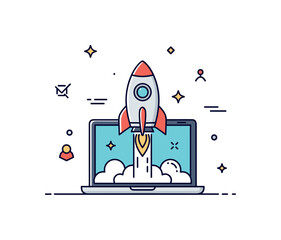 Startup career journey with a small rocket launching from a laptop symbolizing innovation and entrepreneurial ambition in technology fields. Tiny star accents