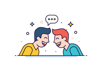 Shared joke scene two figures leaning toward each other laughing with small speech bubble and sparkle details, expressing closeness and emotional connection.