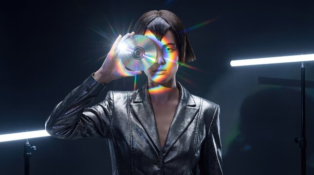 Futuristic Woman Holding CD With Rainbow Prism Reflection