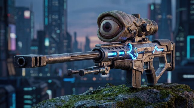 Biopunk Sniper Rifle With Giant Eyeball Scope On Rock 3D Render
