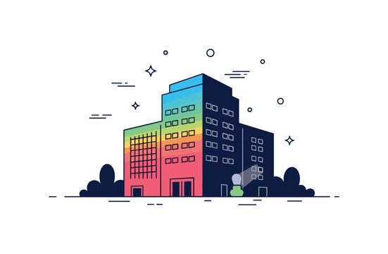 Projection mapping concept building facade silhouette with layered light patterns projected onto its surface, conveying creative transformation through