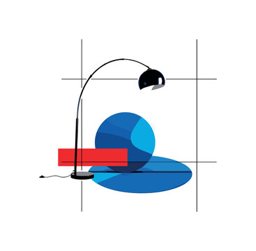 Black and white vintage arc floor lamp bending dramatically over an abstract blue circle rug, red rectangular block intersecting the lower base, thin grid