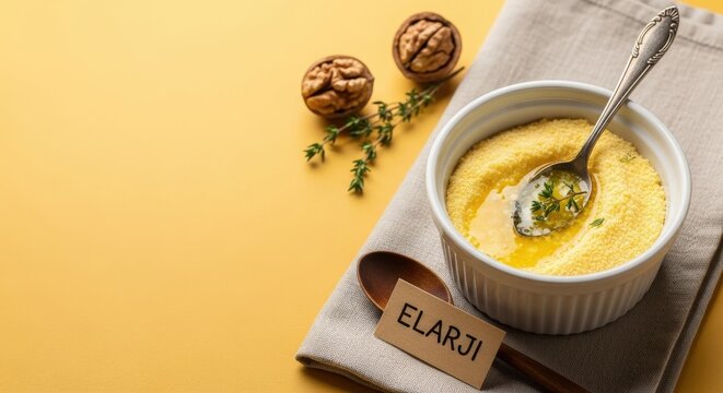 Authentic Georgian Elarji Molten Cheese Cornmeal and Warm Yellow Negative Space