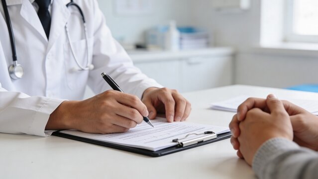 A healthcare professional in a white coat reviewing patient documents at a clinical desk, emphasizing a clean and professional medical environment.