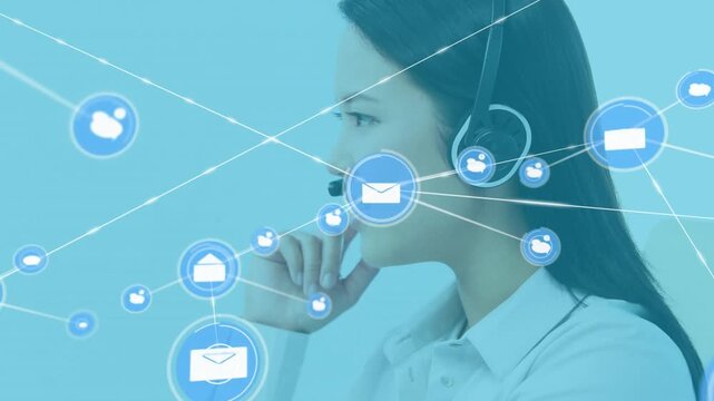 Animation of network of connections with icons over asian businesswoman using phone headset