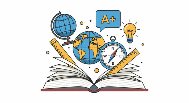 Educational illustration featuring an open book surrounded by globes, compass, rulers, pencil, lightbulb, and an A+ grade symbol, representing learning and knowledge.