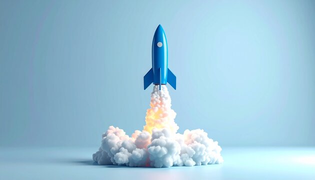 A blue rocket ship launches into the sky with flames and smoke.