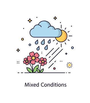 Unpredictable weather spring transition scene shown as blooming flowers under a cloud with scattered raindrops and sunlight rays combined, expressing rapid