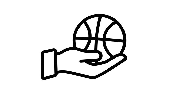 Line art icon of a hand holding a basketball, representing sports or giving a ball.