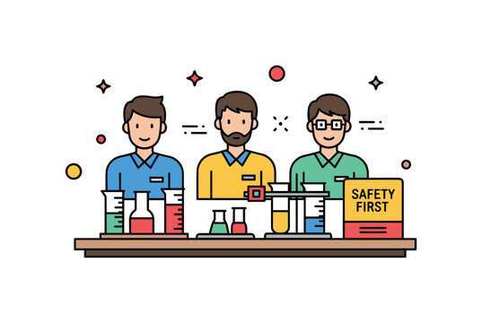 Chemistry lab teamwork centered on a shared workbench with measuring cylinders and a small Safety First label, expressing responsible experimentation and