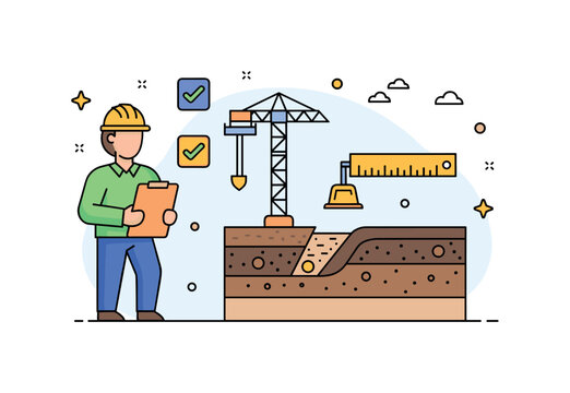 Geotechnical engineering survey visualized through a geologist holding a clipboard next to a simplified construction site with soil layers exposed,