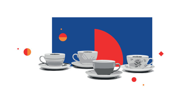 Black and white vintage teacups repurposed as candle holders, oversized deep blue rectangular block contrasting behind, sharp red semicircle accent suggesting