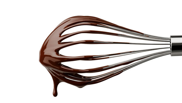 A shiny metal kitchen whisk with rich, dark melted chocolate dripping off its tines, isolated on a pristine white background, perfect for baking, dessert, and culinary themes