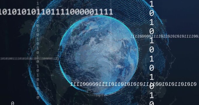 Animation of looping binary codes with connected dots around globe against abstract background
