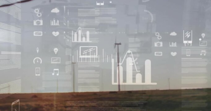 Animation of data processing and diagrams over wind turbines on field